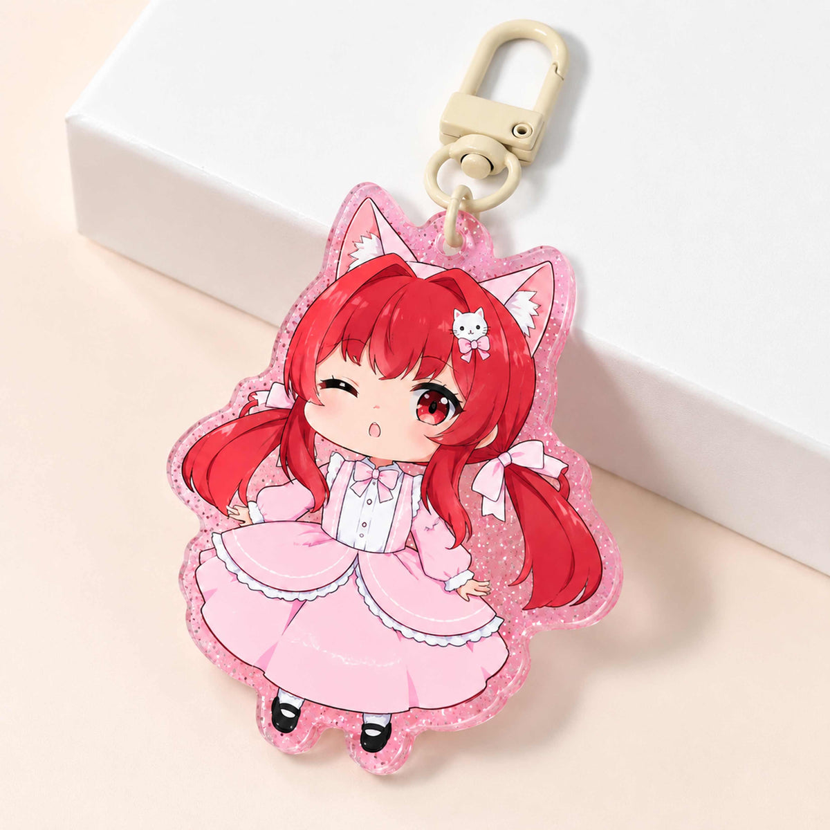 Pink glitter acrylic custom keychain, chibi red hair cat ear anime girl charm