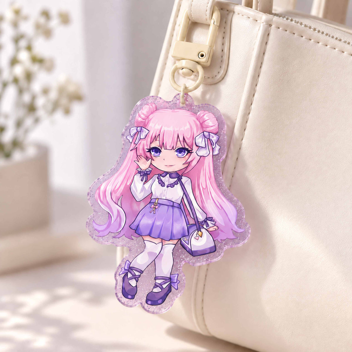 Purple glitter acrylic custom keychain, chibi pink hair anime girl charm