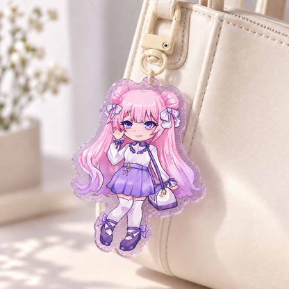 Purple glitter acrylic custom keychain, chibi pink hair anime girl charm