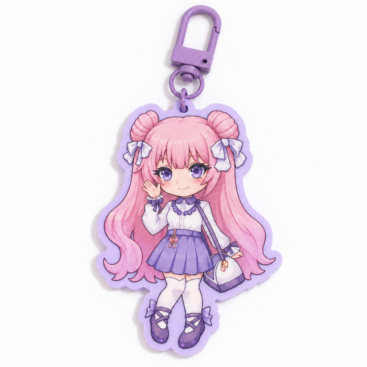 Solid purple border anime chibi pink hair girl acrylic keychain custom