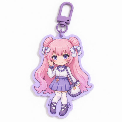 Solid purple border anime chibi pink hair girl acrylic keychain custom