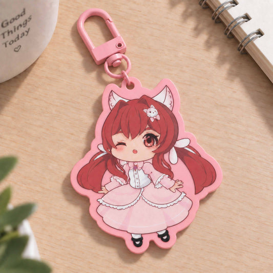 Solid pink border chibi cat girl acrylic keychain scene photo