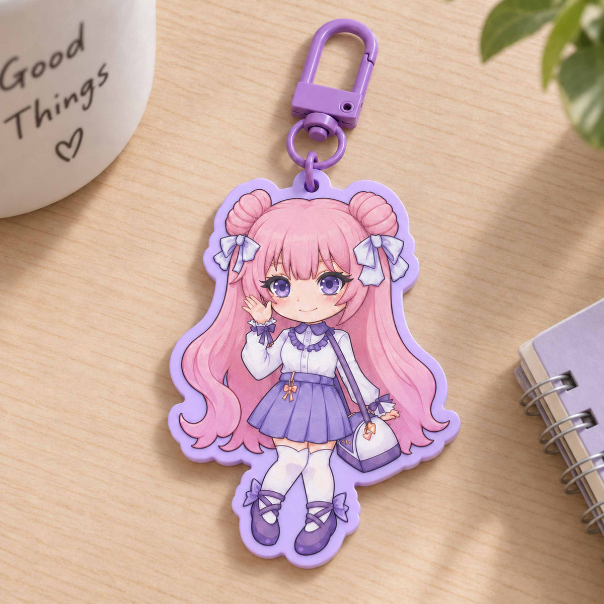 Solid purple border chibi pink hair girl acrylic keychain scene photo