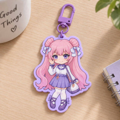 Solid purple border chibi pink hair girl acrylic keychain scene photo