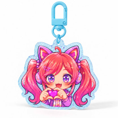 Glitter acrylic custom keychain, chibi red hair cat ear anime girl charm