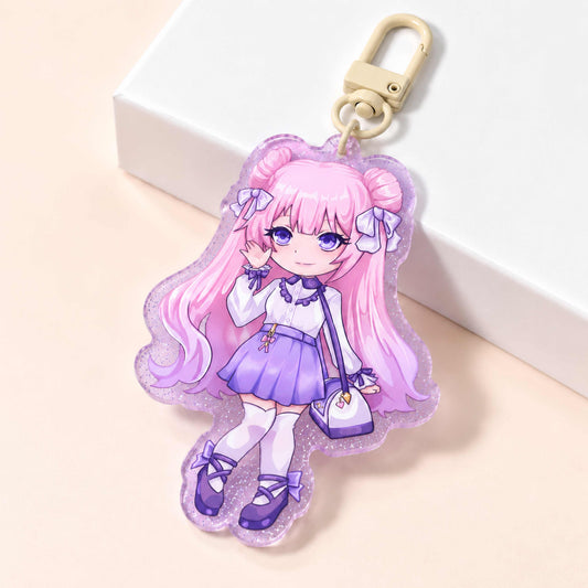 Transparent glitter acrylic keychain; personalized custom cartoon-print keychain gift.