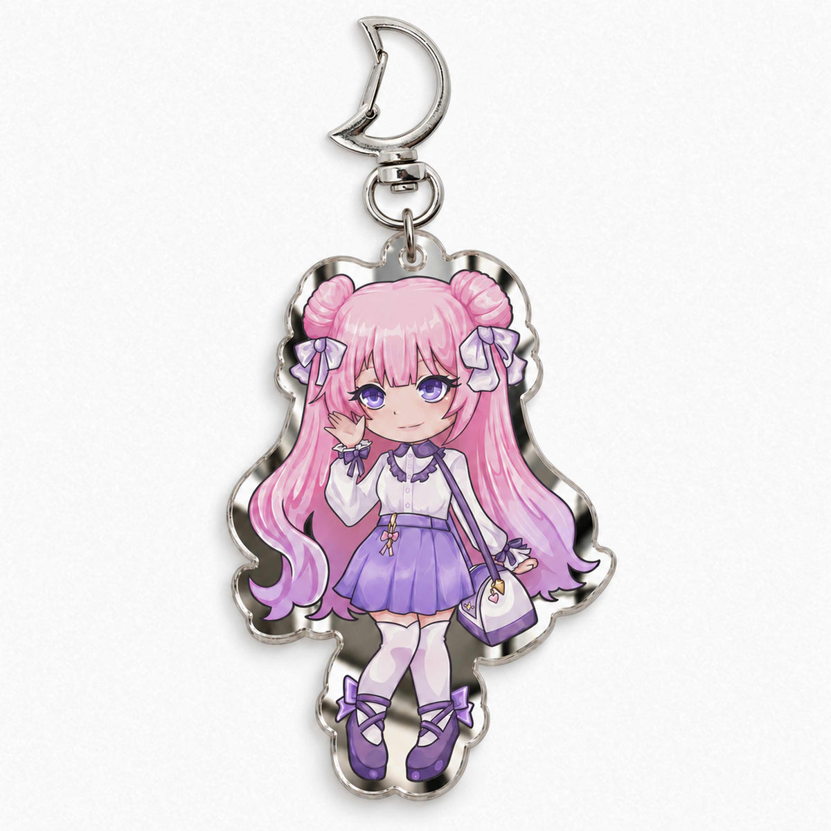 Kawaii anime chibi character mirrored acrylic key charm, silver reflective mirror back panel, custom printed fanart key accessory
