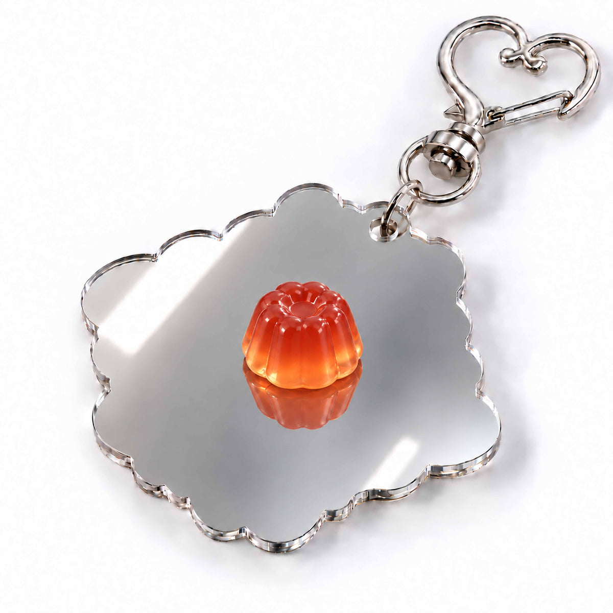 Back view of a custom mirrored acrylic keychain with metal hardware; product photo on a white background.
