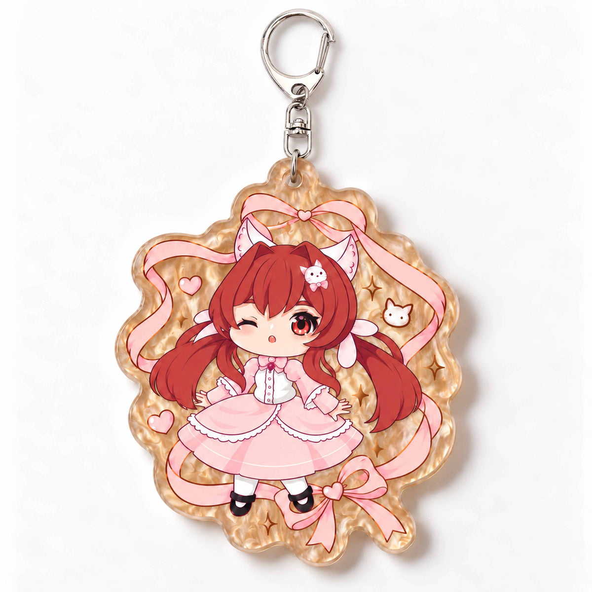Custom anime character acrylic keyring, warm tone mica textured board, silver key clasp, wonderful gift choice