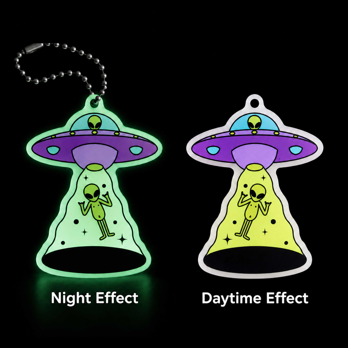 Custom glow in the dark acrylic keychain, showing daytime and night luminous effect, UFO alien cartoon charm, ball bead chain, perfect gift for sci-fi fans
