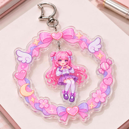 Cute pink anime girl acrylic swing keychain, kawaii wreath frame bag charm