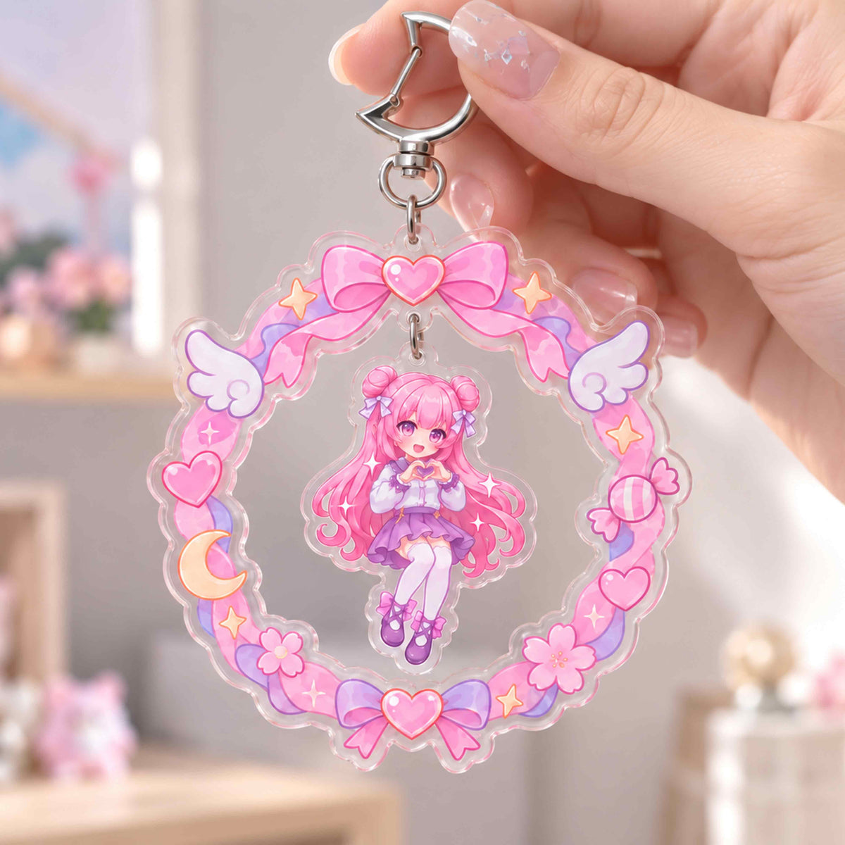 Kawaii pink anime girl acrylic wobble keychain with wreath, bow and wing decoration, bag pendant