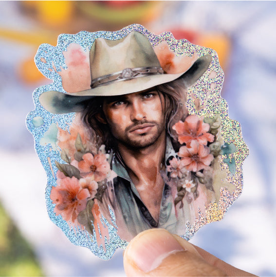 Cowboy-portrait-die_cut-vinyl-stickers_-compare-border_only-holographic-glitter-and-full_sheet-holographic-finish_-hand_held-sample-display