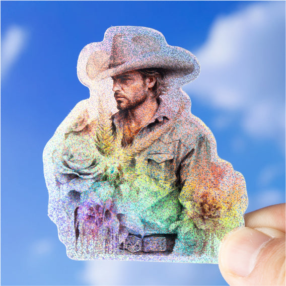 Cowboy-portrait-sticker-border-holographic-vs-full-holographic-comparison