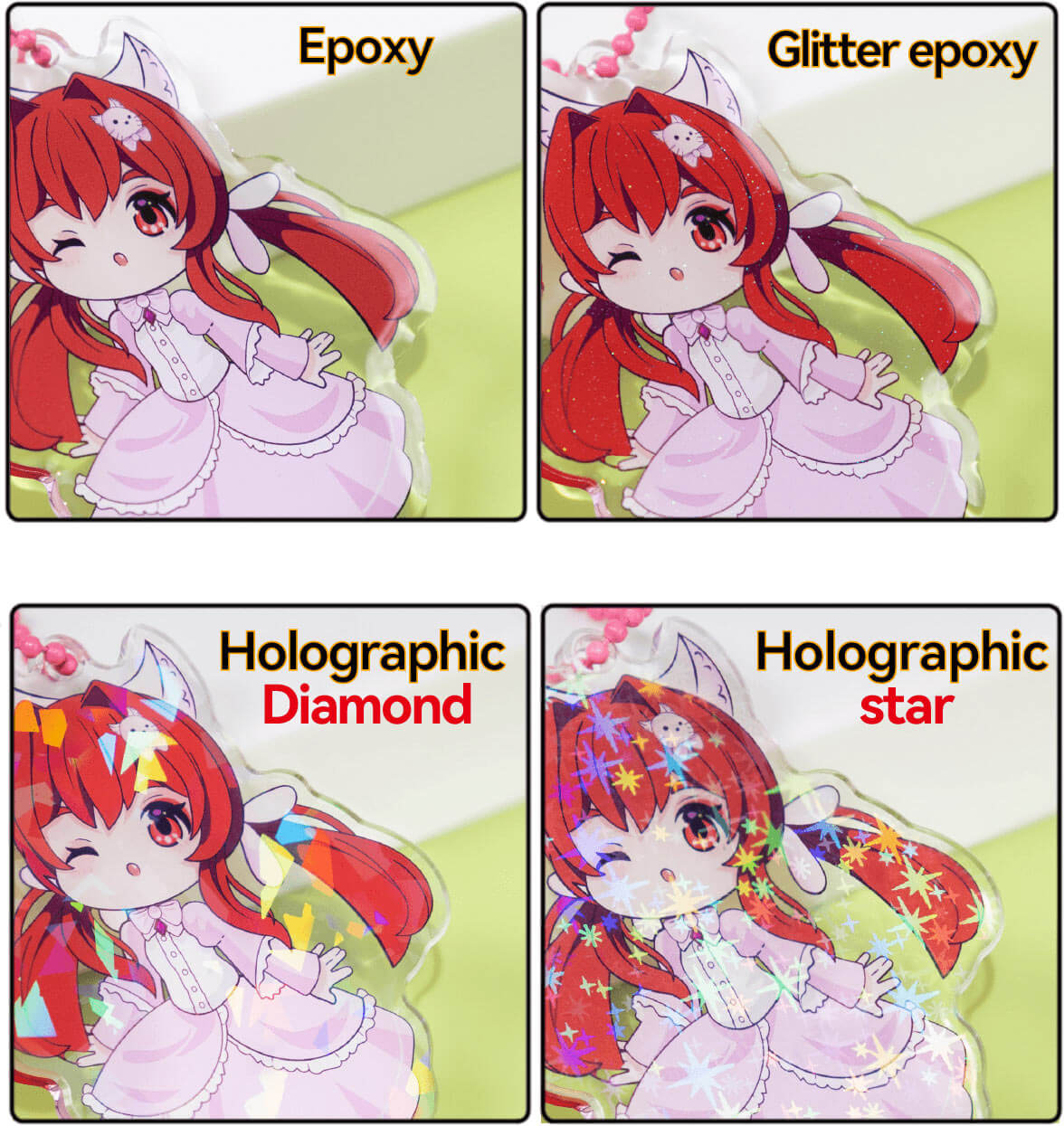 Custom acrylic keychains with holographic effect, minimum order quantity is one piece.