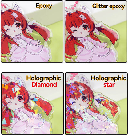 Custom acrylic keychains with holographic effect, minimum order quantity is one piece.