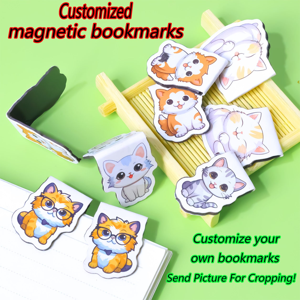 Custom cartoon magnetic bookmarks, cute cat design, foldable magnetic page marker, custom image available. 