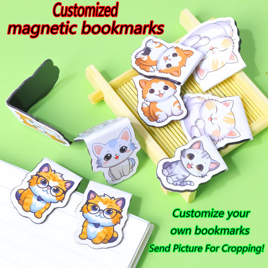 Custom cartoon magnetic bookmarks, cute cat design, foldable magnetic page marker, custom image available. 