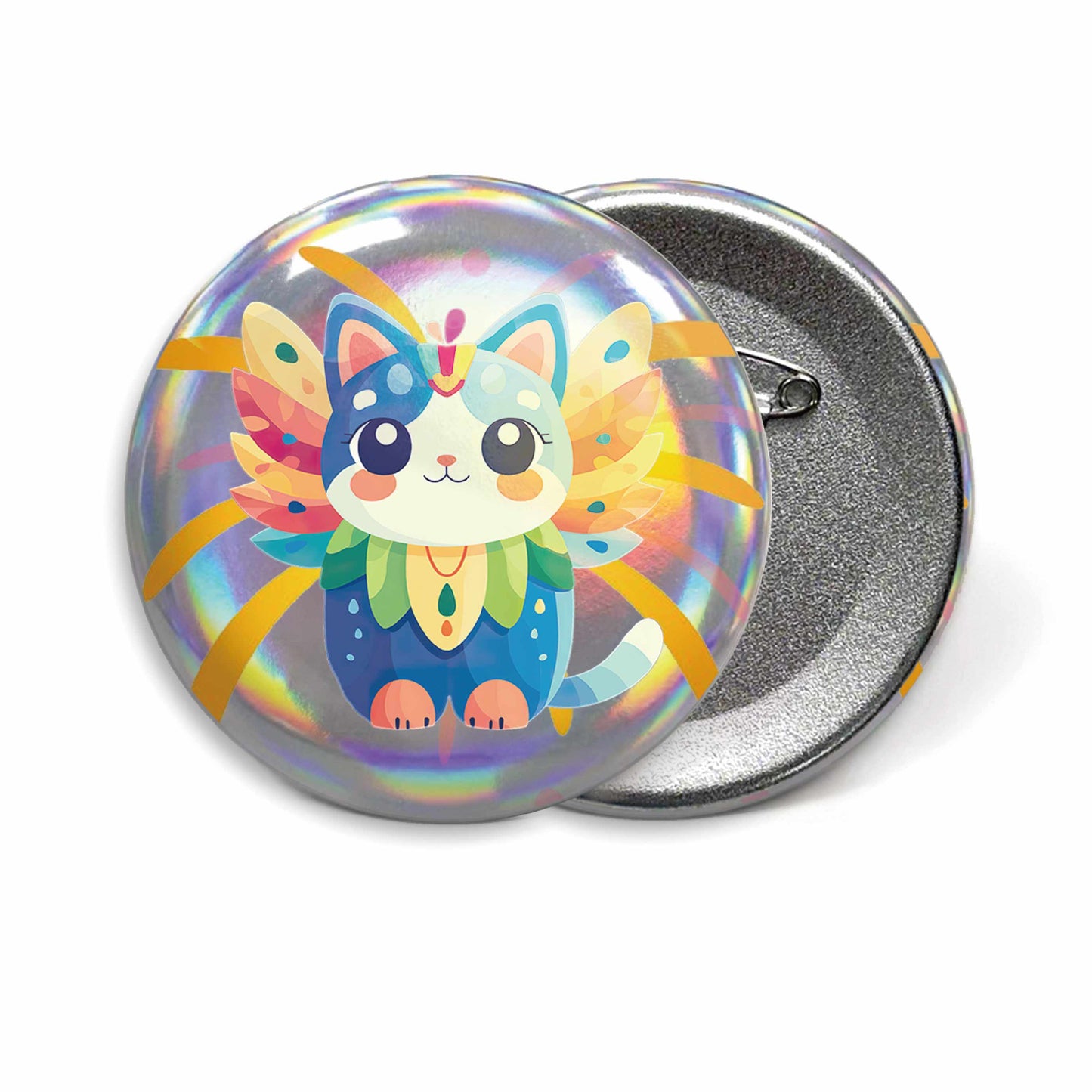 Custom round anime badges with cartoon cat designs and safety pin back clasps. 