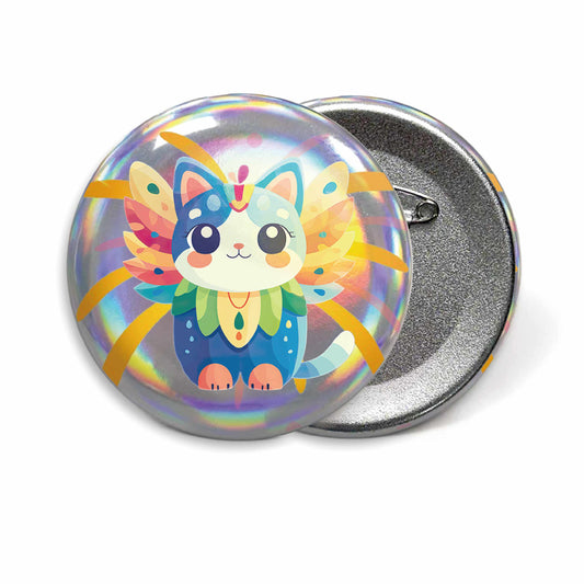 Custom round anime badges with cartoon cat designs and safety pin back clasps. 
