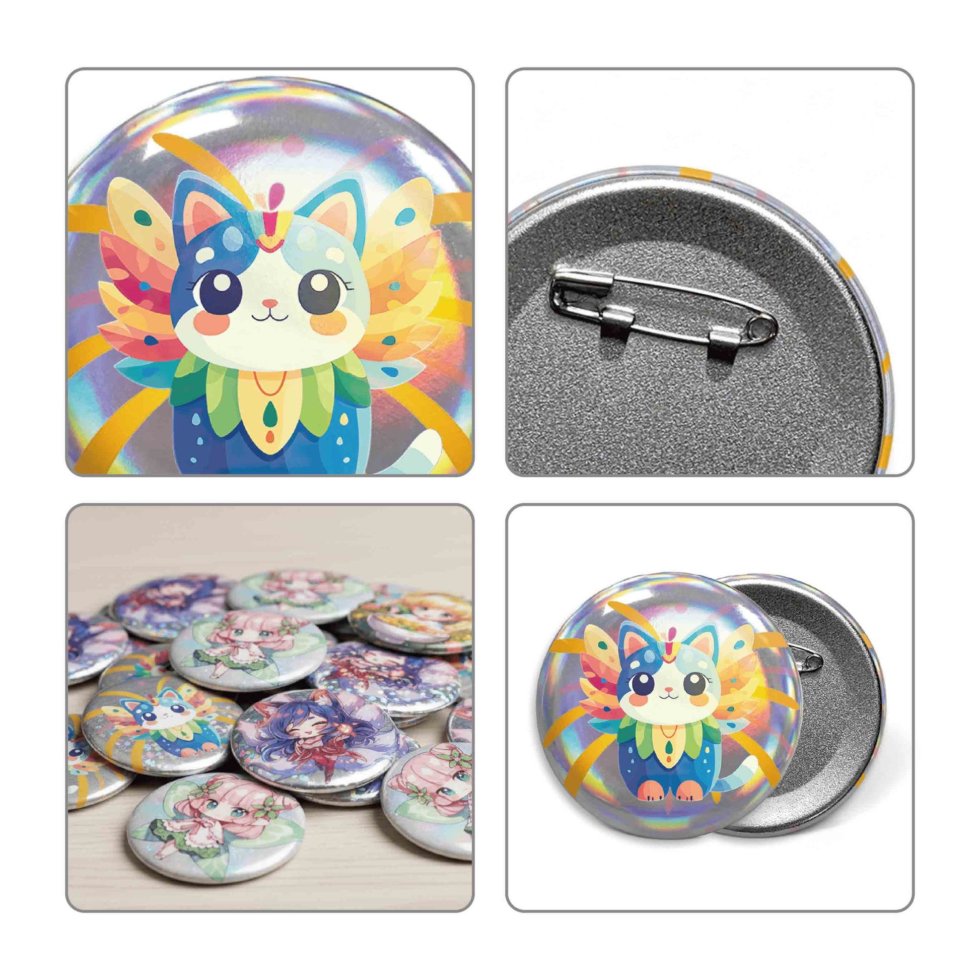 Custom round badges featuring anime cat designs and a checkered background, with a safety pin on the back. 