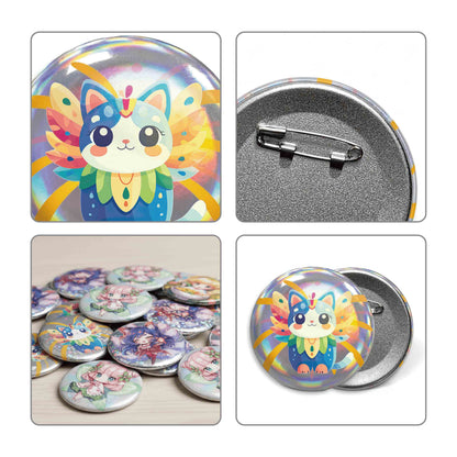 Custom round badges featuring anime cat designs and a checkered background, with a safety pin on the back. 