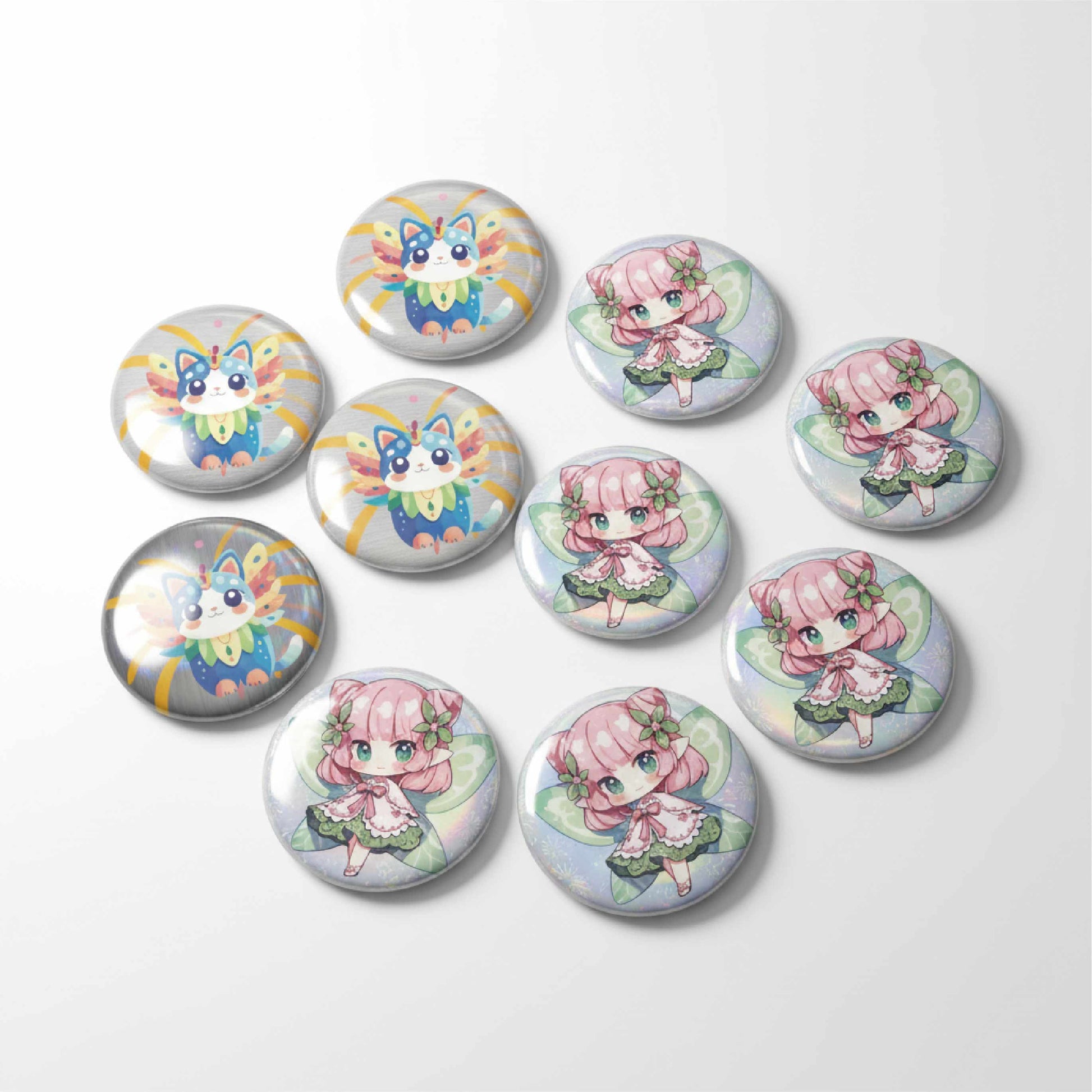 Custom round badges featuring cute anime characters and colorful patterns. 
