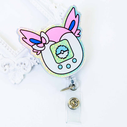 Anime merch glitter acrylic badge reel, hologram retractable ID clip