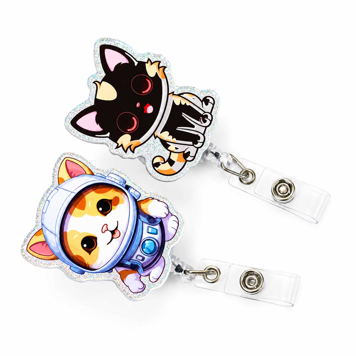 Glitter hologram acrylic retractable badge reels, anime cat ID clip set