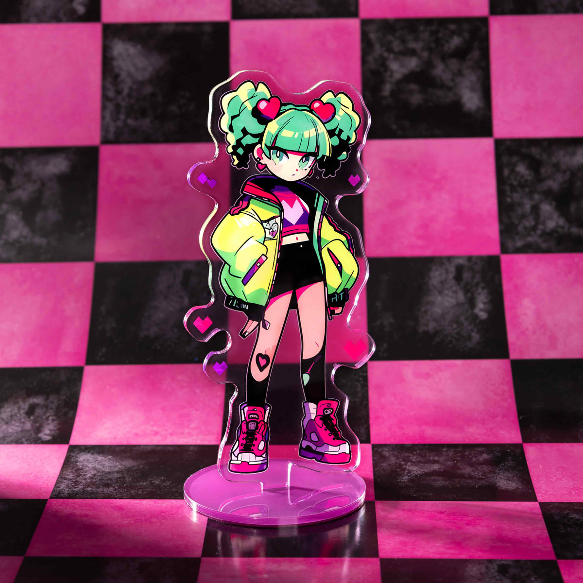 Semi transparent custom acrylic stand, anime girl character with neon streetwear outfit, personalized desk decor for fan merchandise