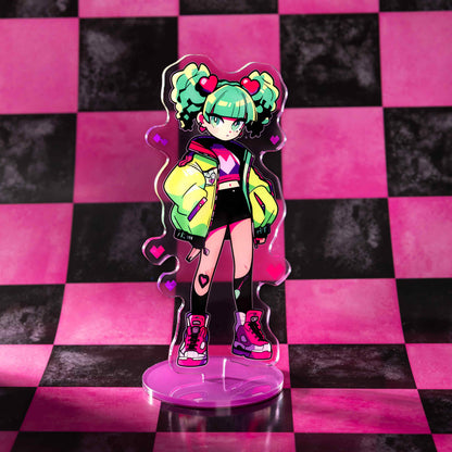 Semi transparent custom acrylic stand, anime girl character with neon streetwear outfit, personalized desk decor for fan merchandise