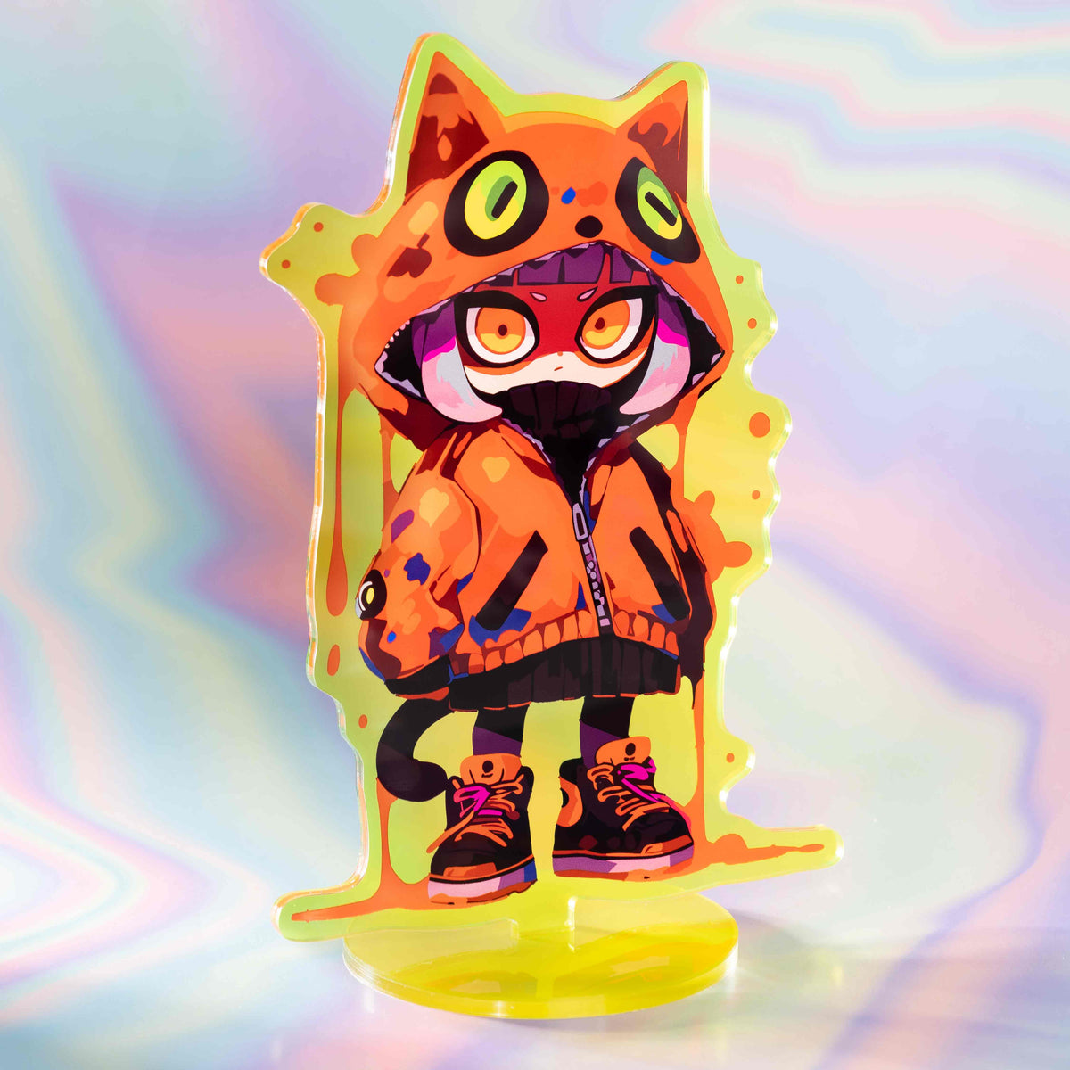 Semi transparent custom acrylic stand, anime character in cat hoodie acrylic standee, personalized desk ornament for anime fan merchandise