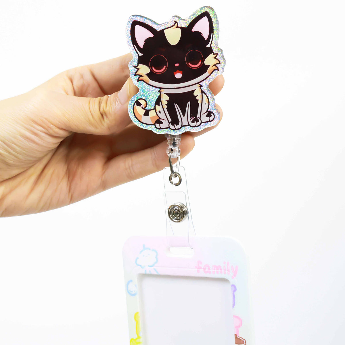 Handheld holographic badge reel, cartoon calico cat with ID card holder