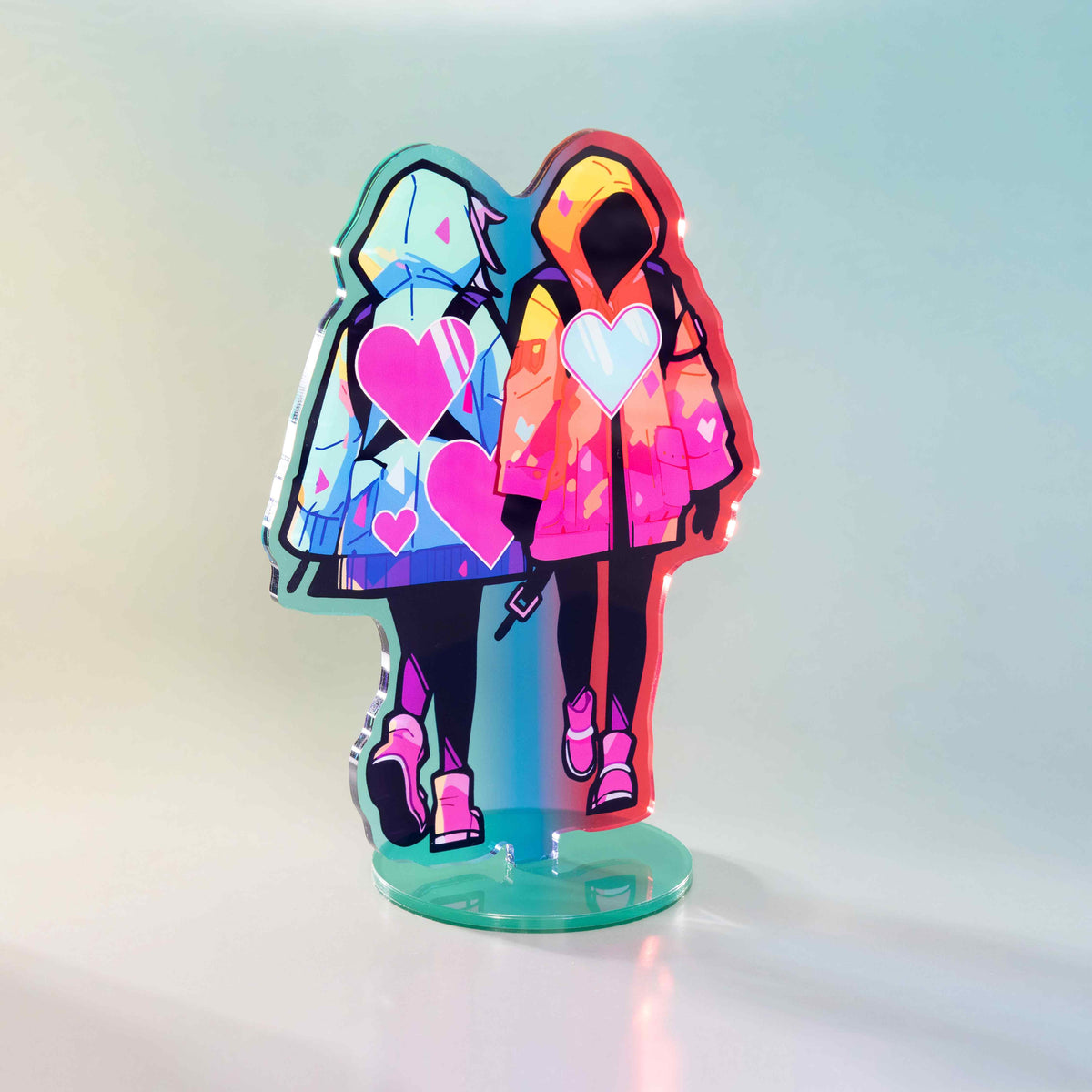 Semi transparent custom acrylic stand, hooded faceless double anime character acrylic standee, heart pattern couple desk decor for fan merchandise