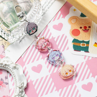Connected acrylic charm keychain, linked chibi anime character pendants, metal clasp