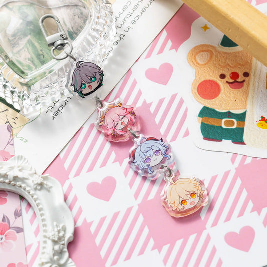 Connected acrylic charm keychain, linked chibi anime character pendants, metal clasp
