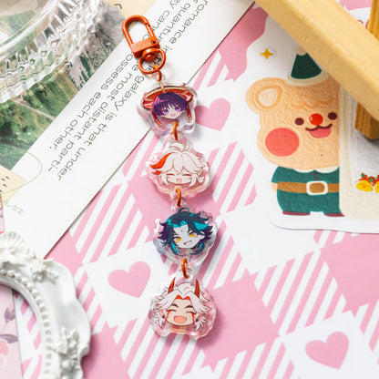 Custom acrylic link keychain with four cute anime character pendants, double-sided glitter epoxy resin.