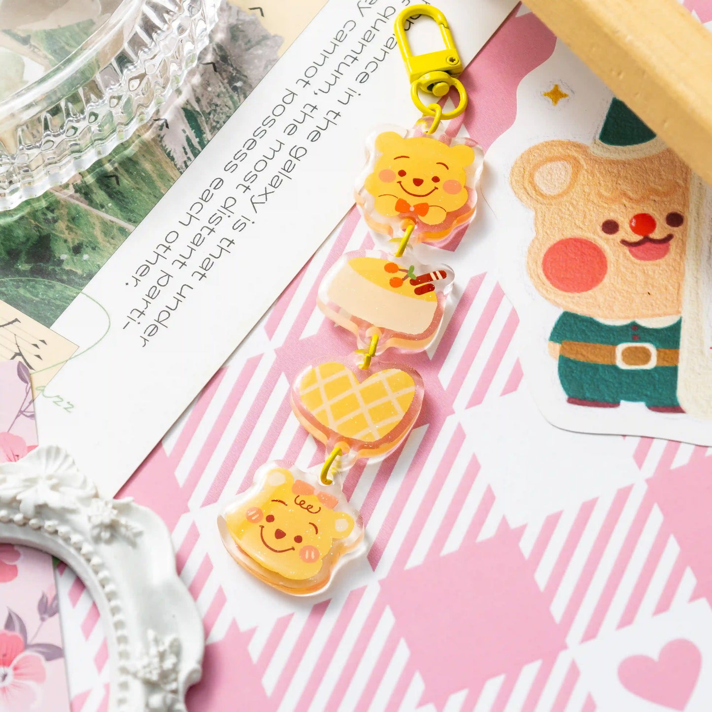 Linked glitter acrylic charm keychain, cute bear & dessert design, yellow metal clasp