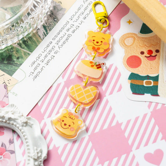 Linked glitter acrylic charm keychain, cute bear & dessert design, yellow metal clasp