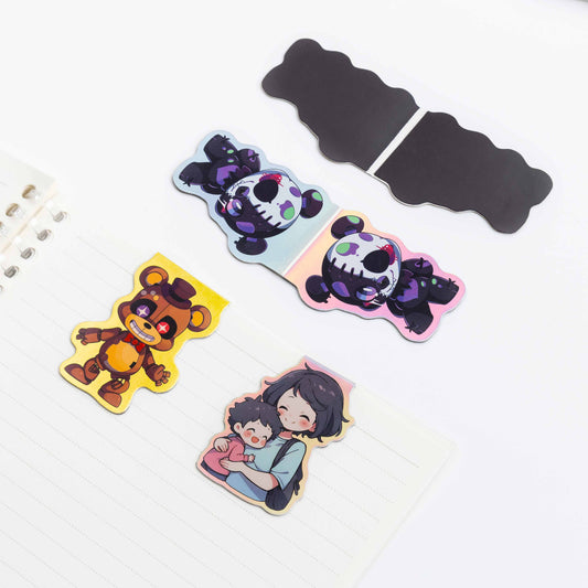 Custom magnetic bookmarks front and back view, holographic foil cartoon page markers