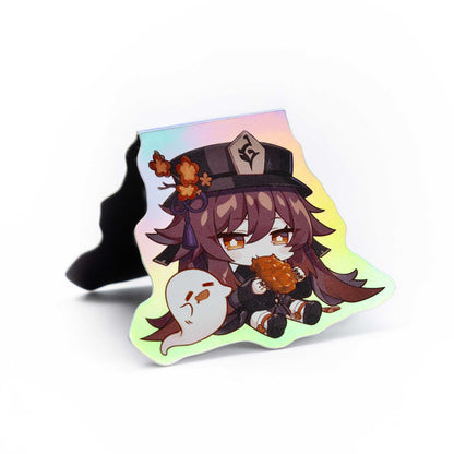 Die‑cut hologram magnetic bookmark, popular game chibi girl character design, iridescent rainbow foil edge, folded magnet book page marker