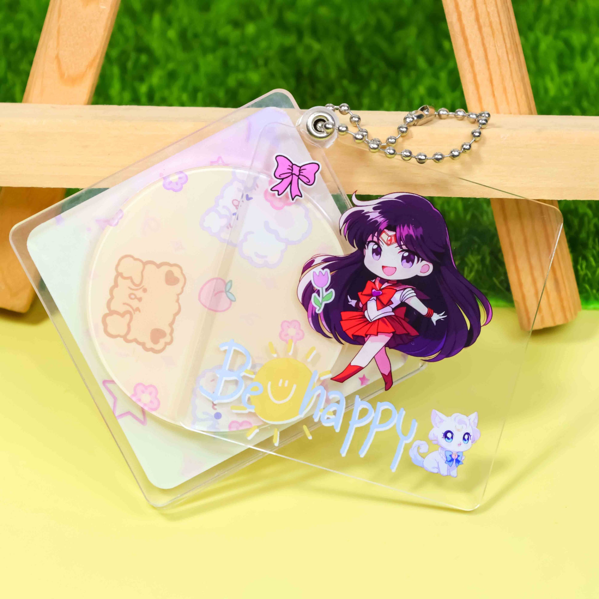 Clear acrylic CD style keychain, cute anime character print, hollow circle cutout with silver ball chain