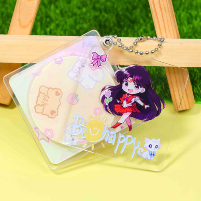 Clear acrylic CD style keychain, cute anime character print, hollow circle cutout with silver ball chain
