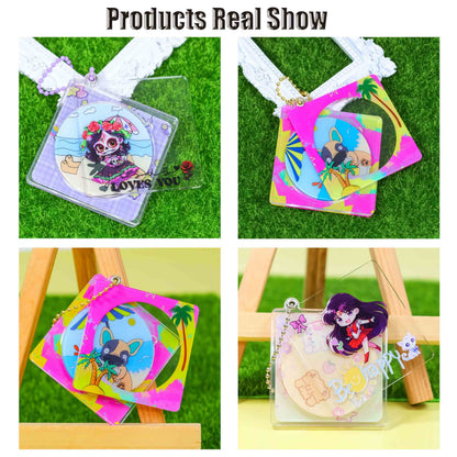 Real product collage of custom spinning acrylic CD keychains, multiple cartoon designs