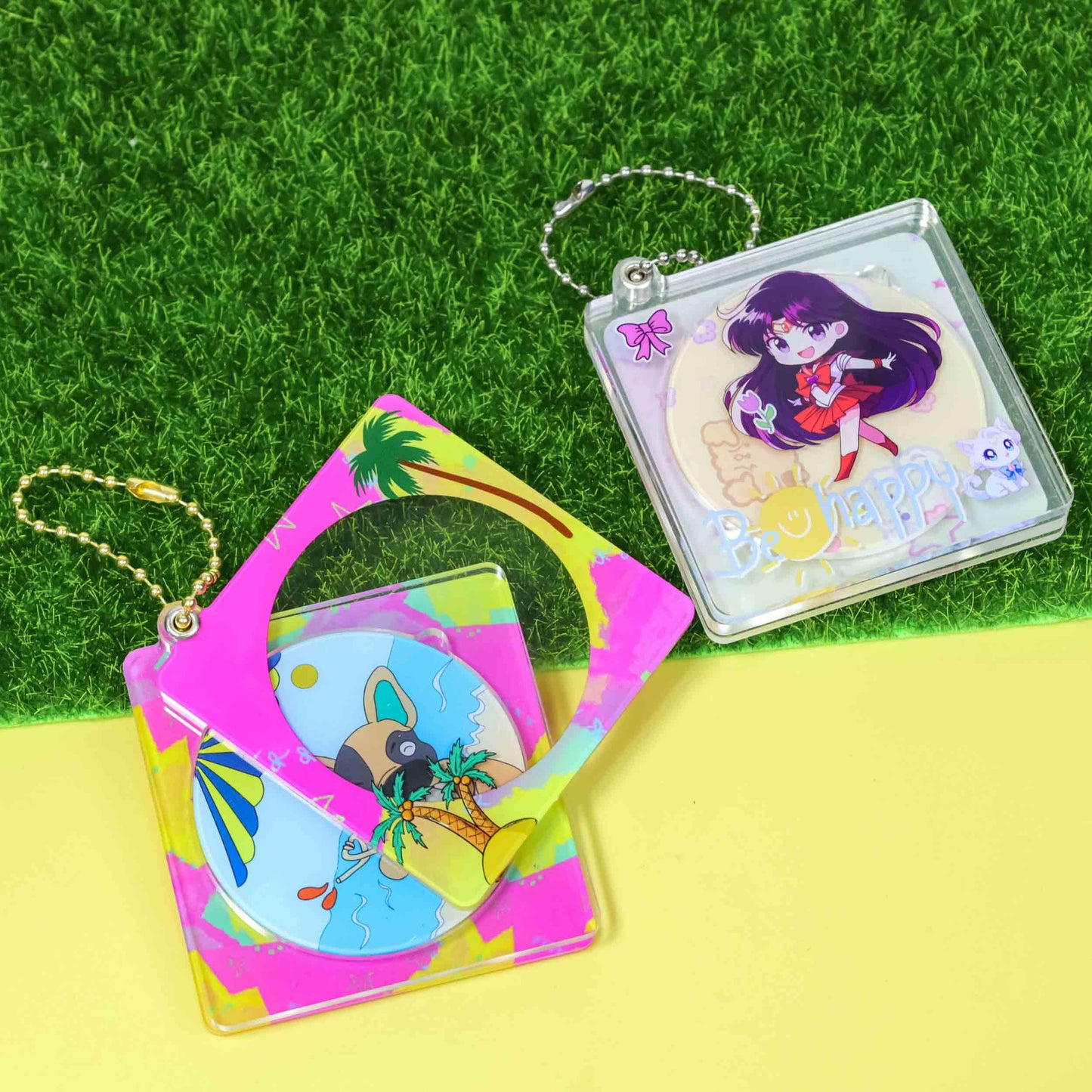 Two styles custom acrylic CD keychains, colorful tropical & clear anime print, hollow cutout with ball chain
