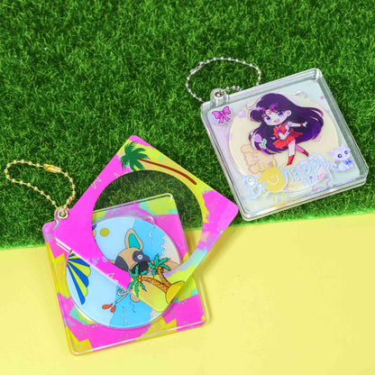 Two styles custom acrylic CD keychains, colorful tropical & clear anime print, hollow cutout with ball chain