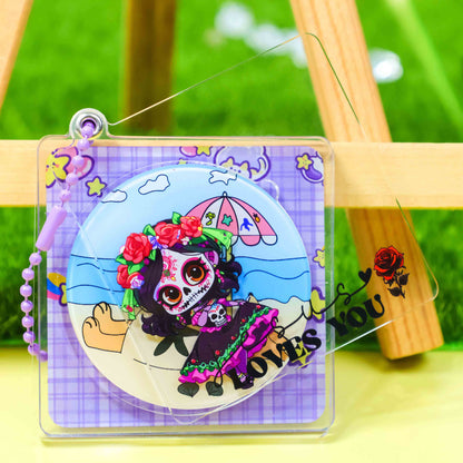 Clear acrylic CD style keychain, sugar skull cartoon girl, replaceable acrylic insert, purple ball chain