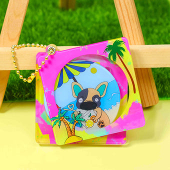 Vibrant acrylic CD‑style keychain, tropical beach french bulldog cartoon print, gold ball chain