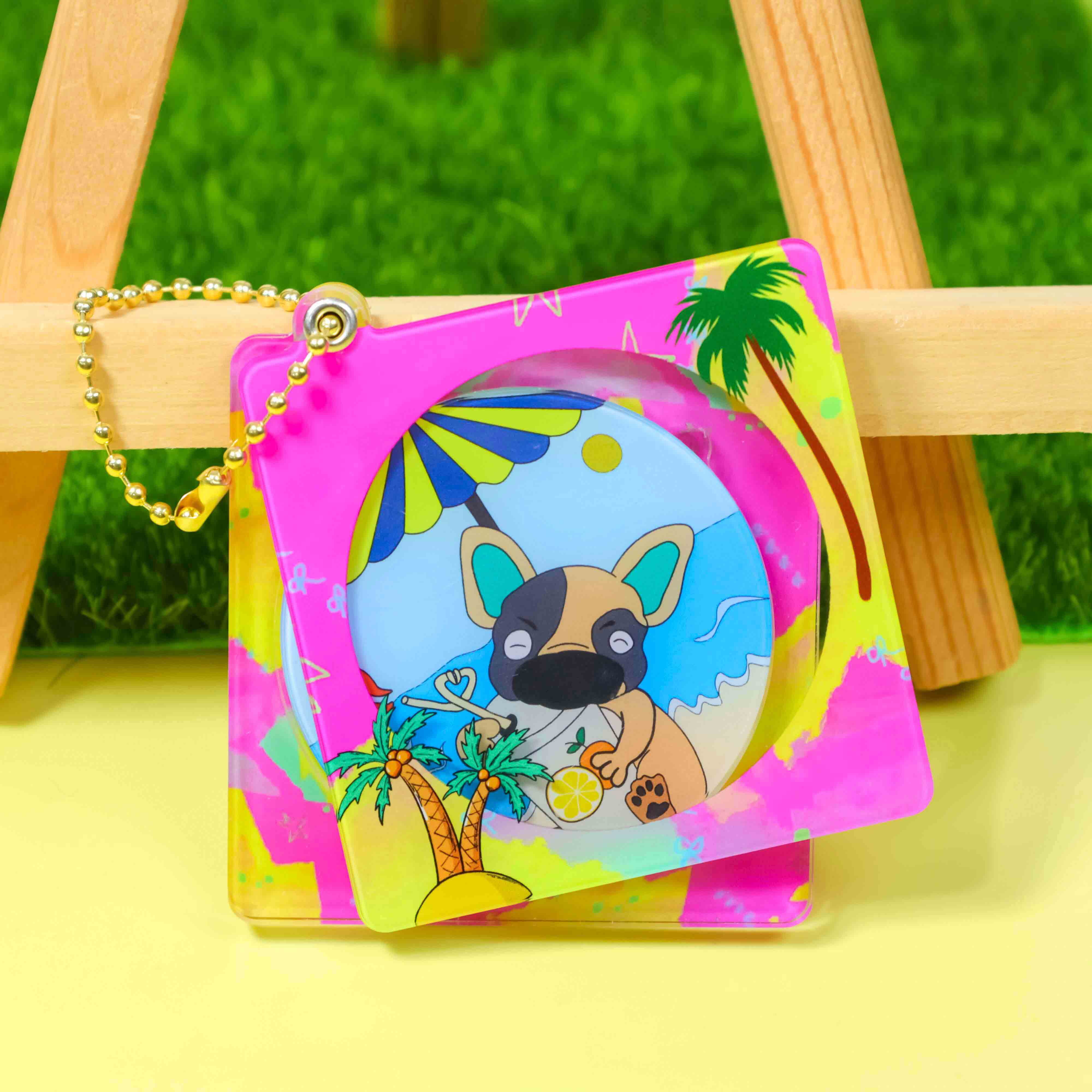 Vibrant acrylic CD‑style keychain, tropical beach french bulldog cartoon print, gold ball chain