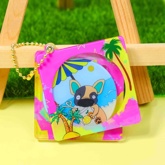 Vibrant acrylic CD‑style keychain, tropical beach french bulldog cartoon print, gold ball chain
